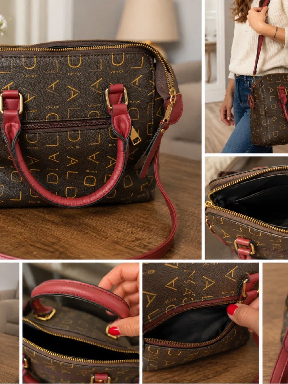 Aolida Monogram Satchel with Burgundy Trim and Strap